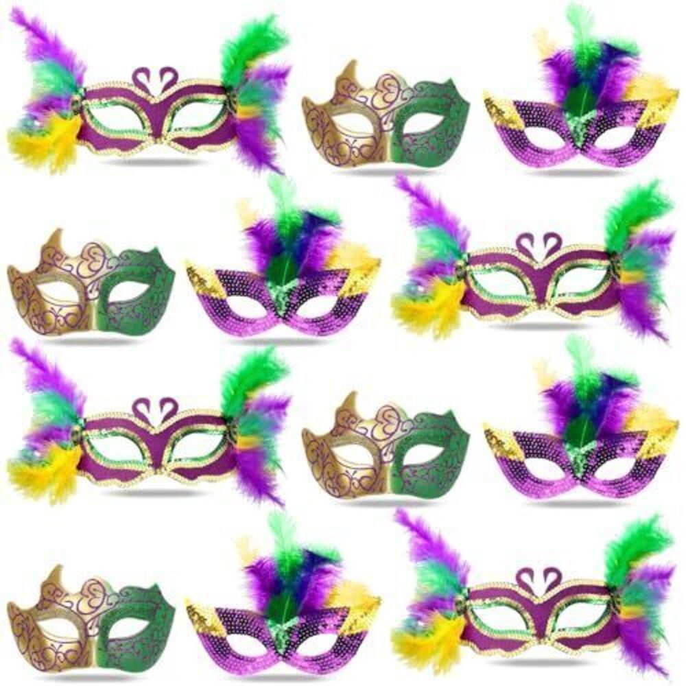7904 12 Pcs Mardi Gras Masks Feather Half Masks Masquerade Party Carnival